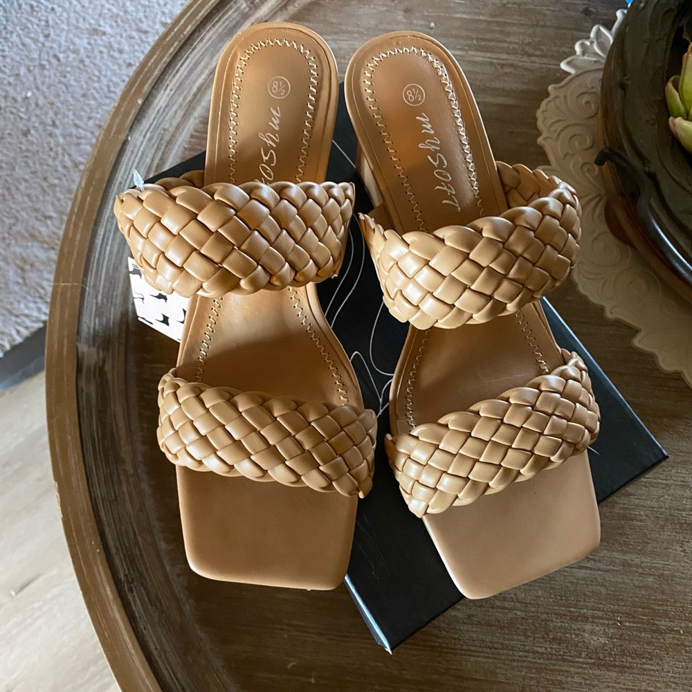 Woven Double-Strap Tan Slide Sandals